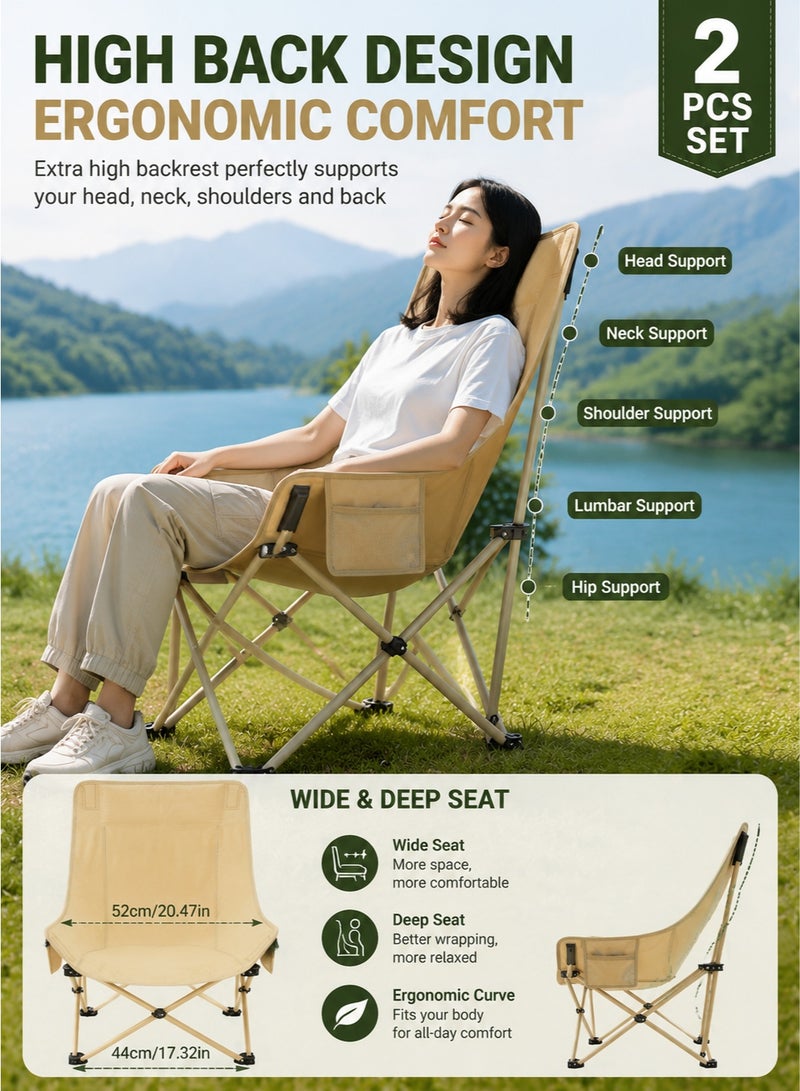 AORAN 2 Pack Folding Moon Chairs High Back Camping Chairs Portable Heavy Duty Outdoor Chairs with Side Pocket Carry Bag for Camping Fishing Beach Picnic Garden - Image 3