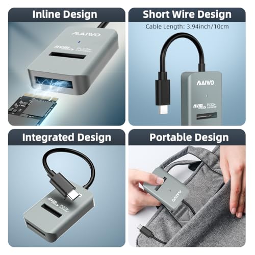 MAIWO محول MAIWO M.2 NVMe إلى USB، قارئ SSD M.2 NVMe USB C، USB3.2 GEN2x1 بسرعة 10Gbps مع UASP Trim، سعة 8TB، حاوية PCIe NVMe بدون أدوات، مسطحة - Image 5