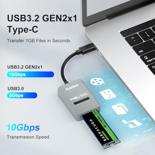 MAIWO محول MAIWO M.2 NVMe إلى USB، قارئ SSD M.2 NVMe USB C، USB3.2 GEN2x1 بسرعة 10Gbps مع UASP Trim، سعة 8TB، حاوية PCIe NVMe بدون أدوات، مسطحة - Image 3