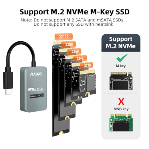 MAIWO محول MAIWO M.2 NVMe إلى USB، قارئ SSD M.2 NVMe USB C، USB3.2 GEN2x1 بسرعة 10Gbps مع UASP Trim، سعة 8TB، حاوية PCIe NVMe بدون أدوات، مسطحة - Image 2