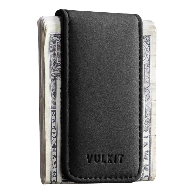 VULKIT Slim Magnetic Leather Money Clip for Credit Cards and Business Cards, Money Holder, Strong Magnet Holds 15 x Folded Banknotes, black, Slim - Image 1