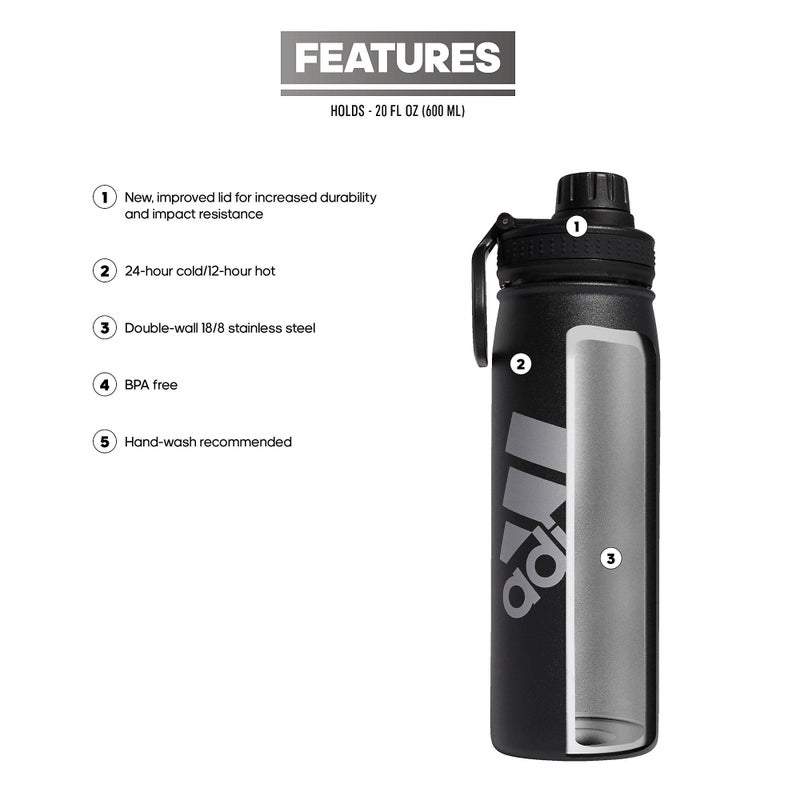 adidas 600 ML (20 oz) Metal Water Bottle, Hot/Cold Double-Walled Insulated 18/8 Stainless Steel, Black/Silver Metallic, One Size - Image 3