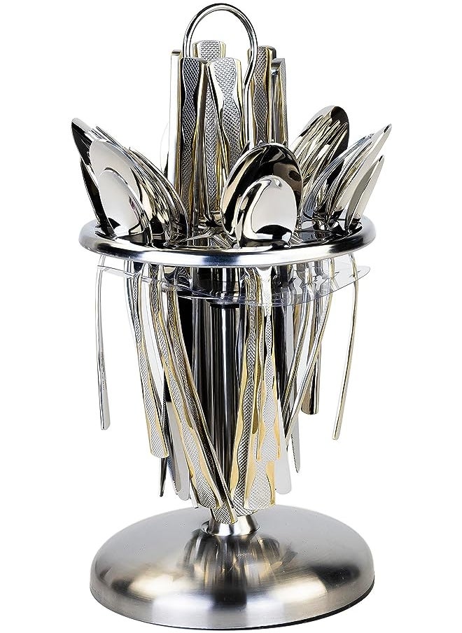 Cuisine Art 24 Piece Silverware Flatware Cutlery Set with Revolving Round Stand, Stainless Steel Includes 6 Knife, Fork, Spoon and Tea Spoon, Dinner Mirror Polished, Dishwasher Safe  - Image 1