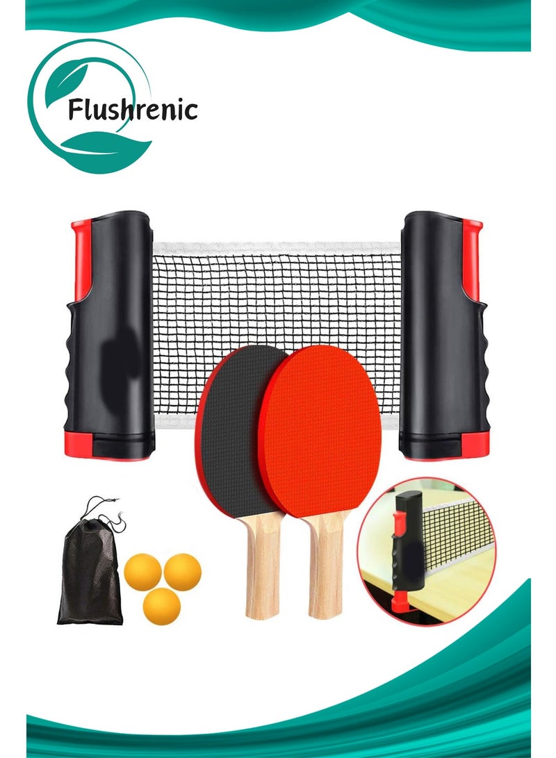 Flushrenic Ping Pong Paddle Set, Portable Table Tennis Set with Retractable Net,Rackets,Balls and Carry Bag for Indoor,Outdoor Games - Image 1