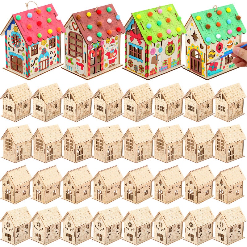 DoubleFill 24 Pcs Wood Gingerbread House Craft Kit for Kids DIY Wooden Christmas Birdhouse Craft Kits Holiday Village Houses Make a Gingerbread Wooden House for Xmas Party Game Craft Supplies - Image 3