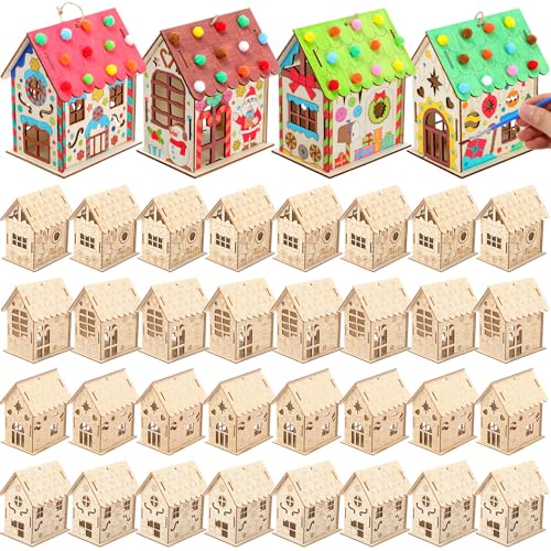 DoubleFill 24 Pcs Wood Gingerbread House Craft Kit for Kids DIY Wooden Christmas Birdhouse Craft Kits Holiday Village Houses Make a Gingerbread Wooden House for Xmas Party Game Craft Supplies - Image 1