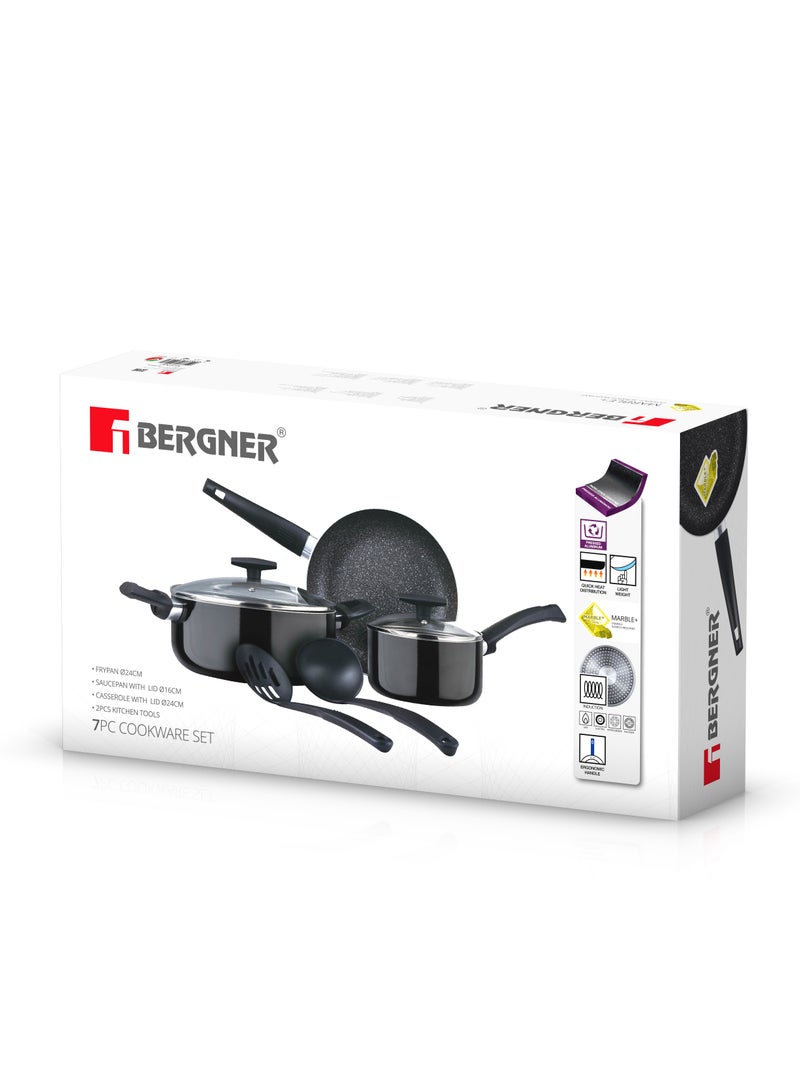 BERGNER SHINE 7PCS COOKWARE SET, PRESSED ALUMINUM COOKING SET, MARBLE+ NON-STICK COATING COOKWARE, INDUCTION BOTTOM COOKING POT SET, SUITABLE FOR ALL STOVES, BLACK COLOR, BG34660BK - Image 5