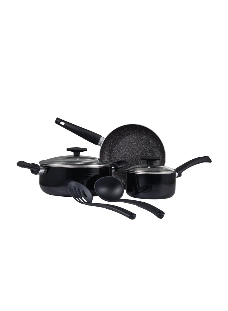 BERGNER SHINE 7PCS COOKWARE SET, PRESSED ALUMINUM COOKING SET, MARBLE+ NON-STICK COATING COOKWARE, INDUCTION BOTTOM COOKING POT SET, SUITABLE FOR ALL STOVES, BLACK COLOR, BG34660BK - Image 1