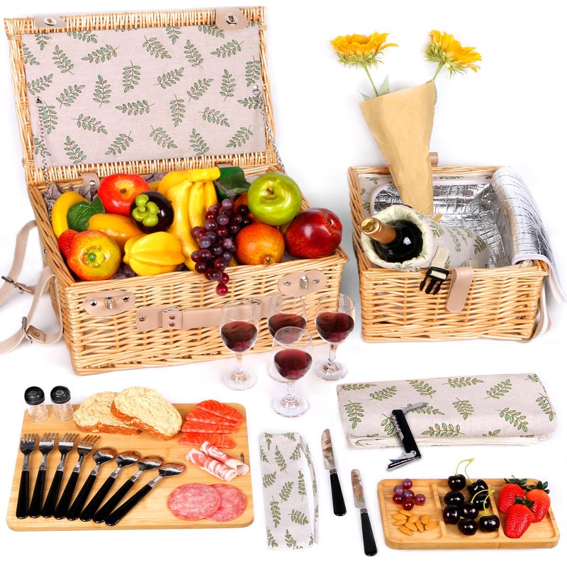 Hap Tim Dual Wicker Picnic Basket Set with Blanket Charcuterie Boards for 246 Unique Gifts Ideas for Couple Engagement Wedding Bridal Shower Family Christmas White Elephant Gifts for Adults - Image 2