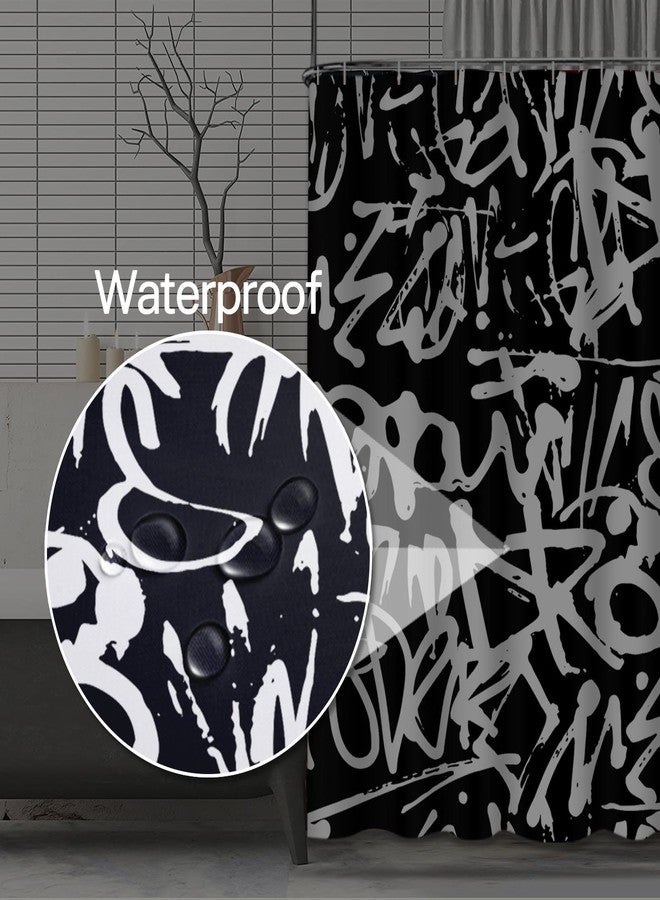 Emvency White Graffiti Shower Curtain Print Abstract Tags Letters Without Meaning Hand Drawing Street Retro Old School Black Polyester Fabric Bathroom Curtain 72x72 Set with Hooks - Image 3