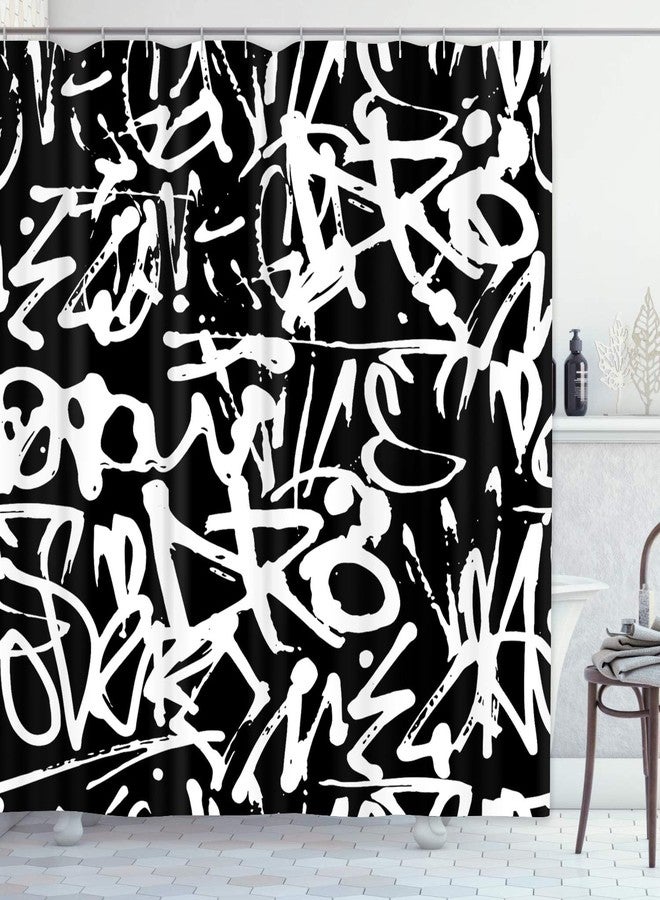 Emvency White Graffiti Shower Curtain Print Abstract Tags Letters Without Meaning Hand Drawing Street Retro Old School Black Polyester Fabric Bathroom Curtain 72x72 Set with Hooks - Image 1