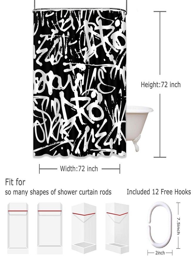 Emvency White Graffiti Shower Curtain Print Abstract Tags Letters Without Meaning Hand Drawing Street Retro Old School Black Polyester Fabric Bathroom Curtain 72x72 Set with Hooks - Image 2