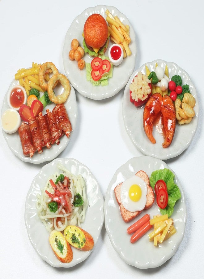 ThaiHonest 5 Pcs Dollhouse Miniature Food Set - Handmade Clay Oven Pork Ribs, Salmon Steak, Burger & Spaghetti on Ceramic Plates, 1/6 Scale Miniature Kitchen Accessories & Collectibles - Image 2