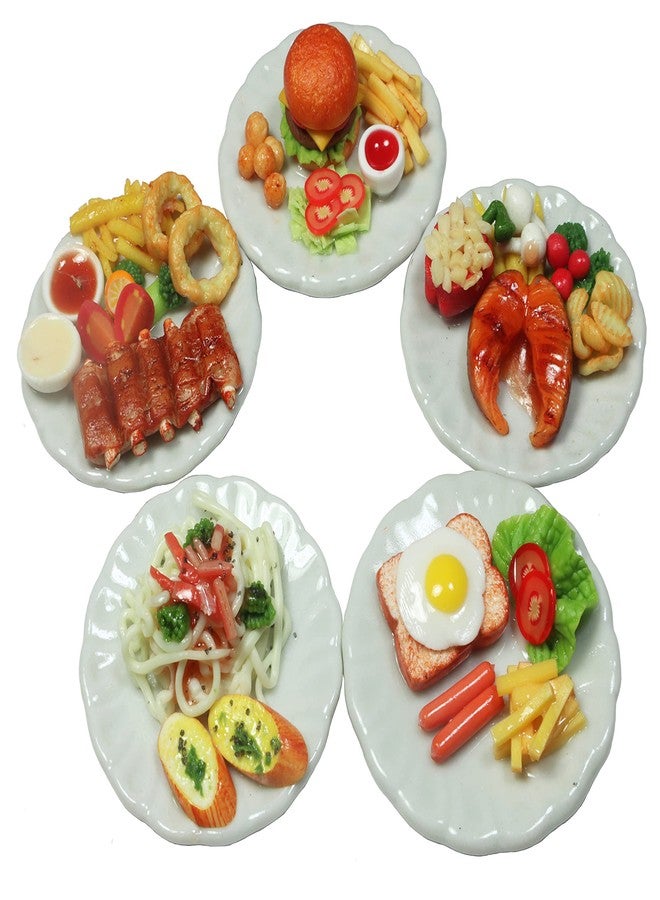 ThaiHonest 5 Pcs Dollhouse Miniature Food Set - Handmade Clay Oven Pork Ribs, Salmon Steak, Burger & Spaghetti on Ceramic Plates, 1/6 Scale Miniature Kitchen Accessories & Collectibles - Image 1