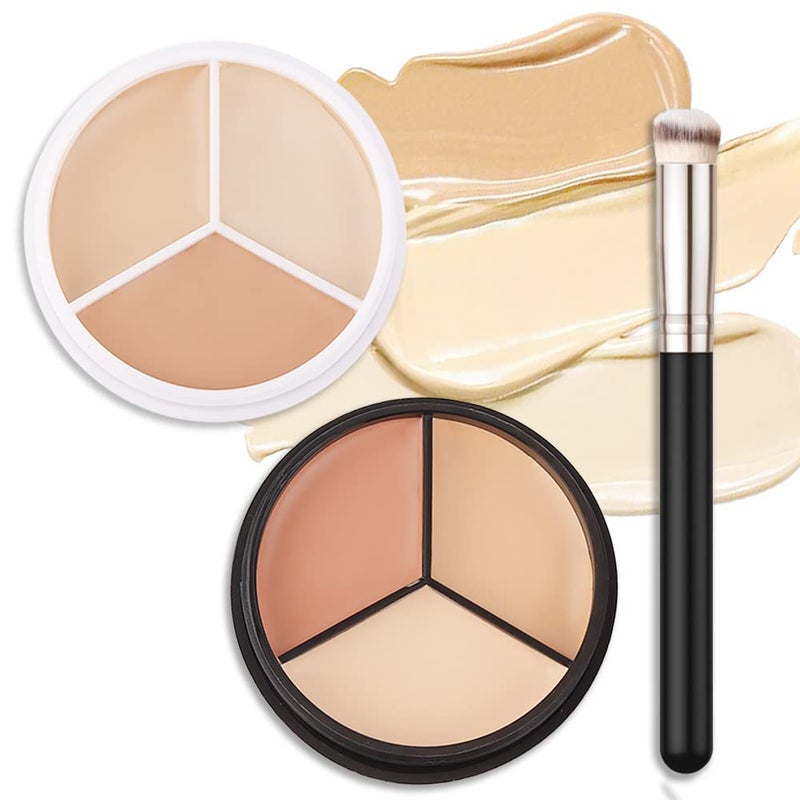 KARNAR 2 pcs Tri-color Face Concealer Contour Palette With Brush for Light Medium Skin. Correct Cream Foundation Palet for Under Eye Dark Circles Eyelid Tattoo. Ivory Cream Makeup Plate corrector de ojeras - Image 1