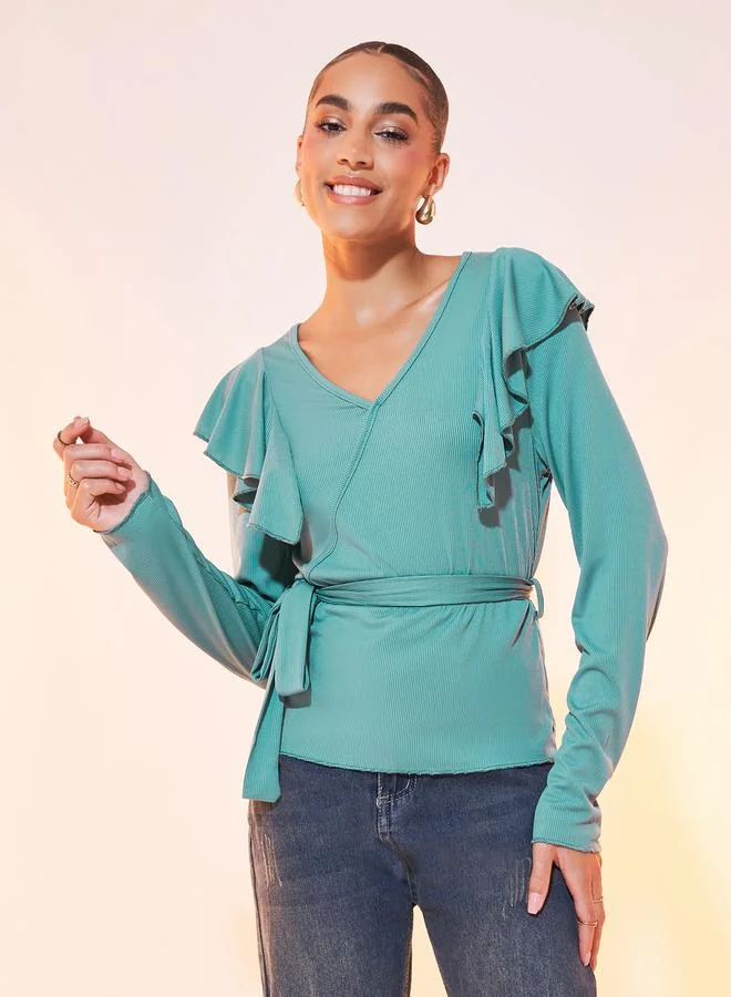 Take Two Ruffled Detail Long Sleeve Top with Waist Tie Detail
