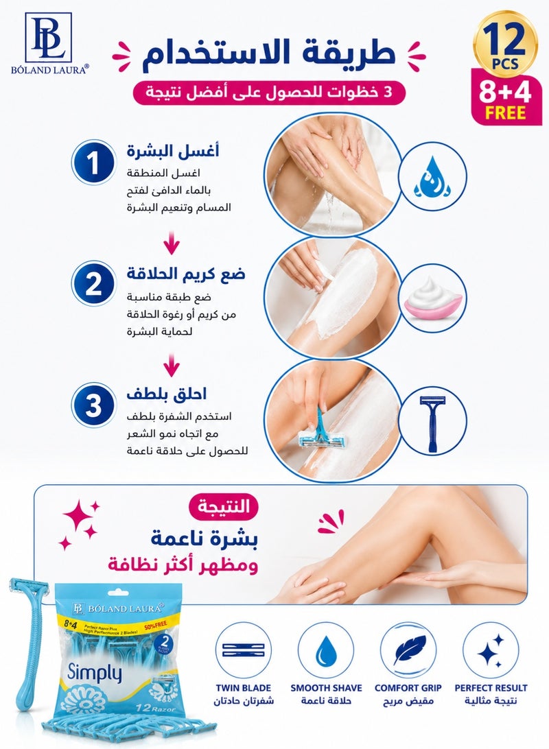 بولاند لورا Simply شفرات حلاقة مزدوجة الشفرة 12 قطعة (8 + 4 مجاناً) – للاستخدام مرة واحدة – شفرتان من الستانلس ستيل – مقبض مريح مانع للانزلاق – حلاقة ناعمة ودقيقة - Image 4