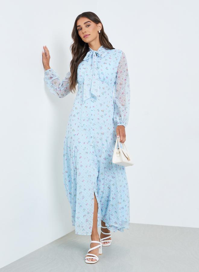 Women Blue Floral Print Long Sleeves Maxi Dress