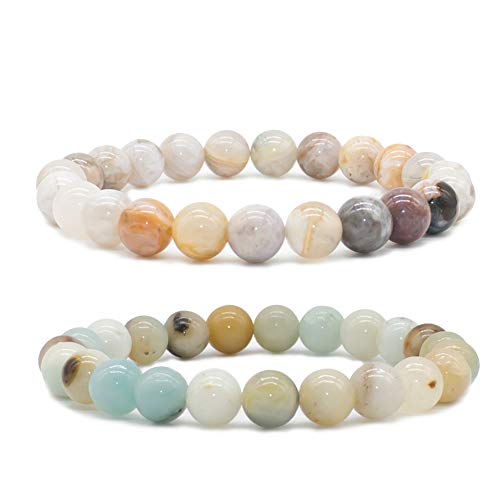 Bivei Natural Gemstone Semi Precious Crystals Handmade Stretchy Round Beads Bracelet, Enhance Positive Energy,Stocking Stuffers for Women(Bamboo Leaf Agate & Amazonite (Good Luck) Medium) - Image 1