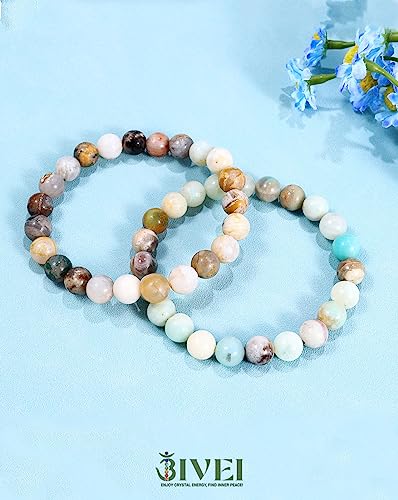 Bivei Natural Gemstone Semi Precious Crystals Handmade Stretchy Round Beads Bracelet, Enhance Positive Energy,Stocking Stuffers for Women(Bamboo Leaf Agate & Amazonite (Good Luck) Medium) - Image 4