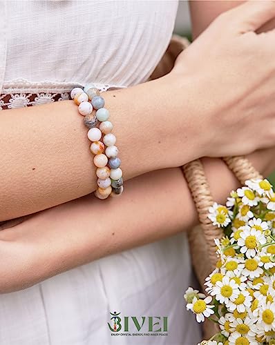 Bivei Natural Gemstone Semi Precious Crystals Handmade Stretchy Round Beads Bracelet, Enhance Positive Energy,Stocking Stuffers for Women(Bamboo Leaf Agate & Amazonite (Good Luck) Medium) - Image 2
