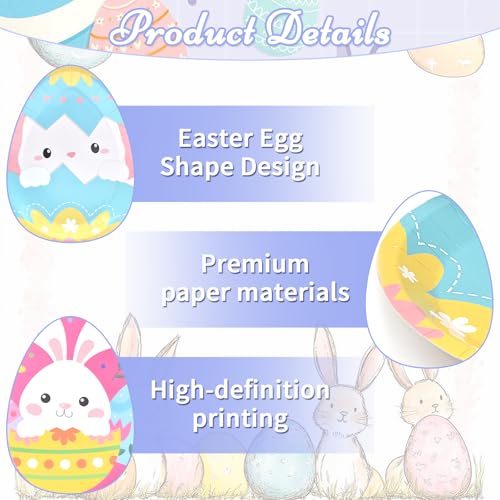 Photken 24 Pieces Easter Paper Plates – 9 Inch Colorful Egg-Shaped Designs Disposable Dinner Plates for Easter Parties, Egg Hunts, Spring Celebrations, and Family Gatherings - Image 3