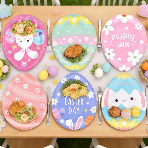 Photken 24 Pieces Easter Paper Plates – 9 Inch Colorful Egg-Shaped Designs Disposable Dinner Plates for Easter Parties, Egg Hunts, Spring Celebrations, and Family Gatherings - Image 4
