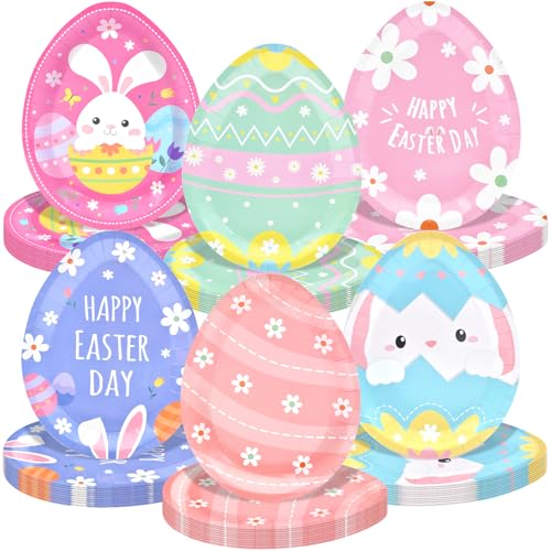 Photken 24 Pieces Easter Paper Plates – 9 Inch Colorful Egg-Shaped Designs Disposable Dinner Plates for Easter Parties, Egg Hunts, Spring Celebrations, and Family Gatherings - Image 1