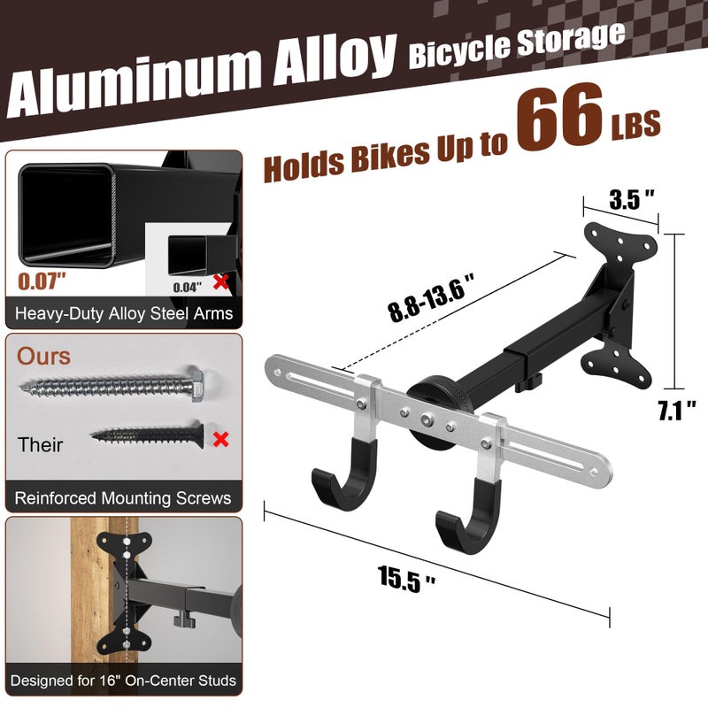 7S garage Bike Wall Mount Hanger, 2 Pack Heavy-Duty Durable Storage Garage Hook, Adjustable Indoor Bicycle Hanging Arms Bike Holder Rack, Hold up to 66lbs in Apaterment, Shed - Image 3
