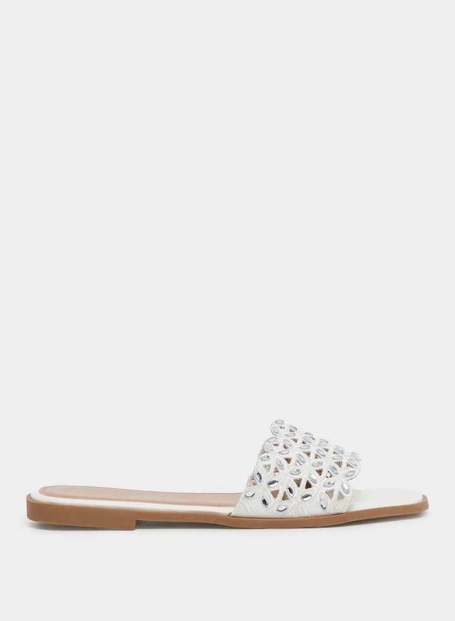 Styli Styli White Embellished Flat Sandals