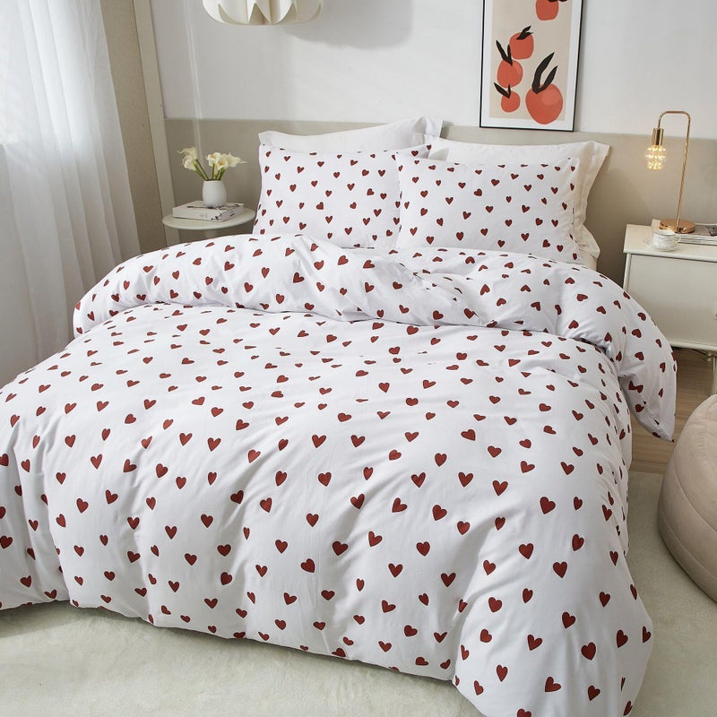Ruccit Red Heart Duvet Cover Set Double 100 Cotton White Duvet Cover Lovely Heart Pattern 3pcs Modern Bedding Set with Zipper Closure Corner TiesSoftEasy CareBreathable