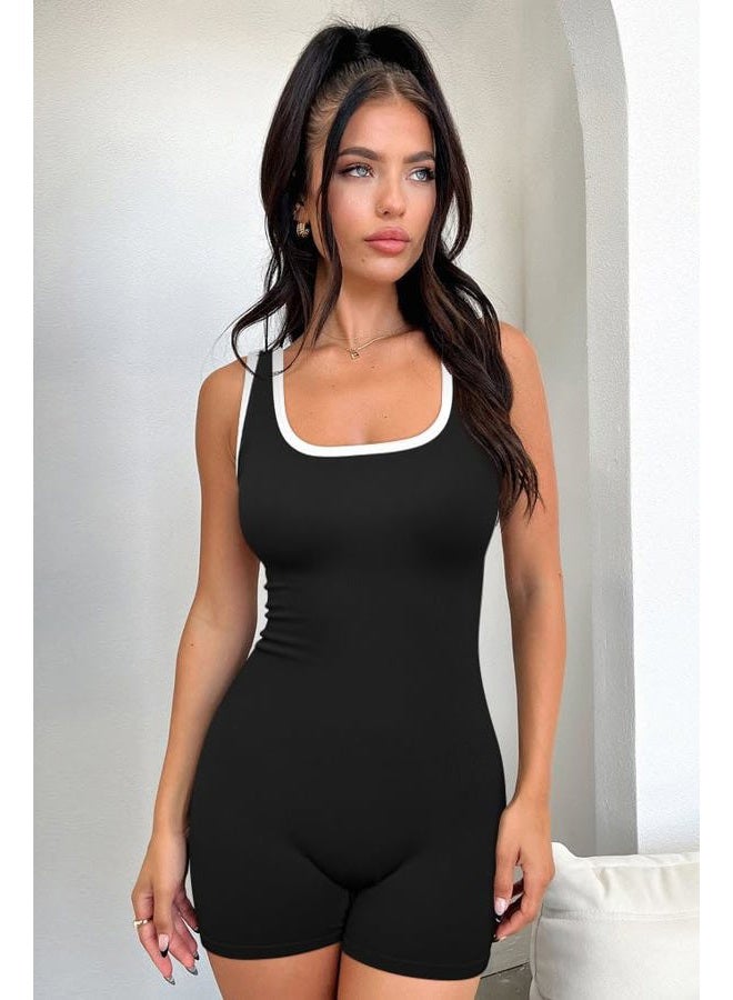 OQQ Women Rompers Sleeveless Square Neck Stretch Contrast Workout Active Tank Romper, Black, M - Image 2