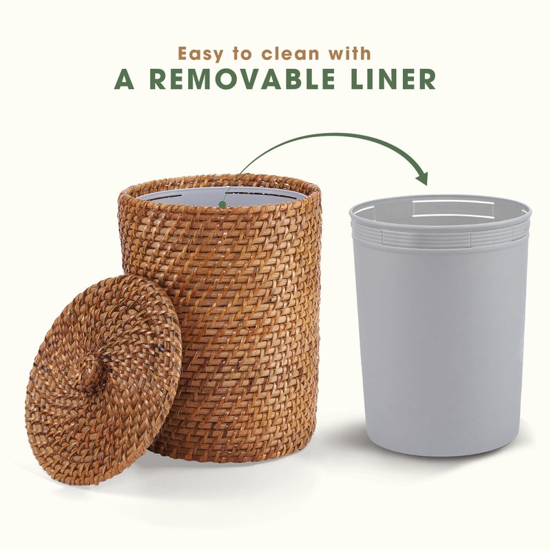 84ECO Brown Wicker Trash Can with Lid and Liner - Rattan Trash Can - Image 3