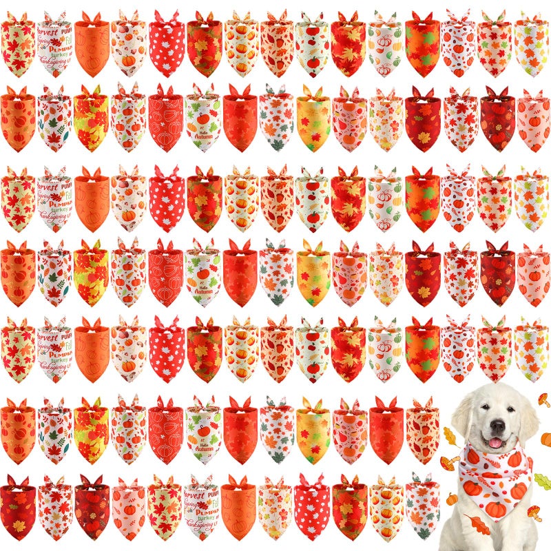 Chunful 120 Pcs Thanksgiving Fall Bandanas Bulk for Dogs Autumn Bandanas with Maple Leaves Pumpkin Soft Bibs Adjustable Triangle Doggie Scarf for Small Medium Large Costume 256 x 177 x 177 Inch - Image 2