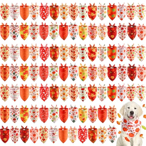 Chunful 120 Pcs Thanksgiving Fall Bandanas Bulk for Dogs Autumn Bandanas with Maple Leaves Pumpkin Soft Bibs Adjustable Triangle Doggie Scarf for Small Medium Large Costume 256 x 177 x 177 Inch - Image 1