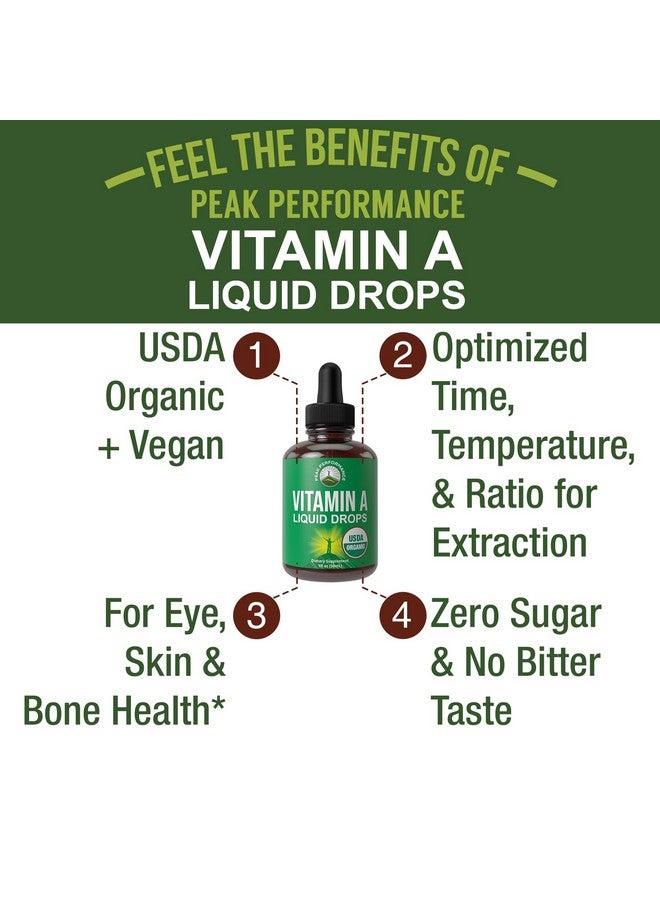 Peak Performance USDA Organic Vitamin A Liquid Drops Supplement. Vegan High Bioavailability For Eye, Skin, and Bone Health. For Adults, Men, Women, Kids. Organic Vit A Oil Retinyl Palmitate. Gluten Free, Zero Sugar - Image 2