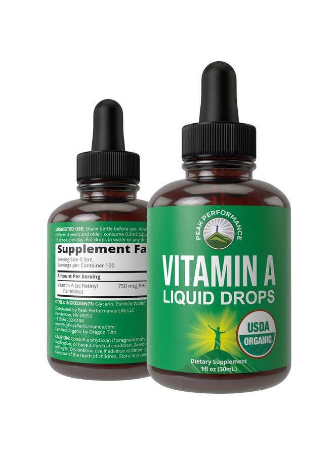 Peak Performance USDA Organic Vitamin A Liquid Drops Supplement. Vegan High Bioavailability For Eye, Skin, and Bone Health. For Adults, Men, Women, Kids. Organic Vit A Oil Retinyl Palmitate. Gluten Free, Zero Sugar - Image 1