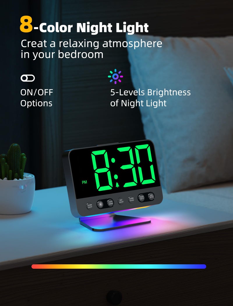 Odokee Digital Alarm Clocks For Bedrooms: Large Bold Number 5 Brightness Dimmer - Easy To Read Across The Room - 5 Alarm Sound 8 Night Light - Green - Image 5