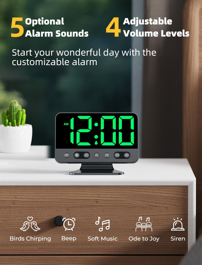 Odokee Digital Alarm Clocks For Bedrooms: Large Bold Number 5 Brightness Dimmer - Easy To Read Across The Room - 5 Alarm Sound 8 Night Light - Green - Image 3