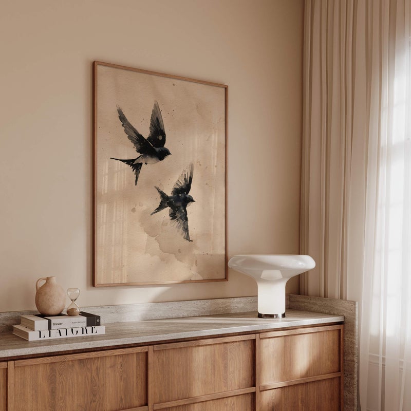 TNESSENTIAL Watercolor Birds Poster | Flying Bird Art in Warm Neutral Tones | Minimalist Nature Wall Decor | Scandinavian Home - Image 1