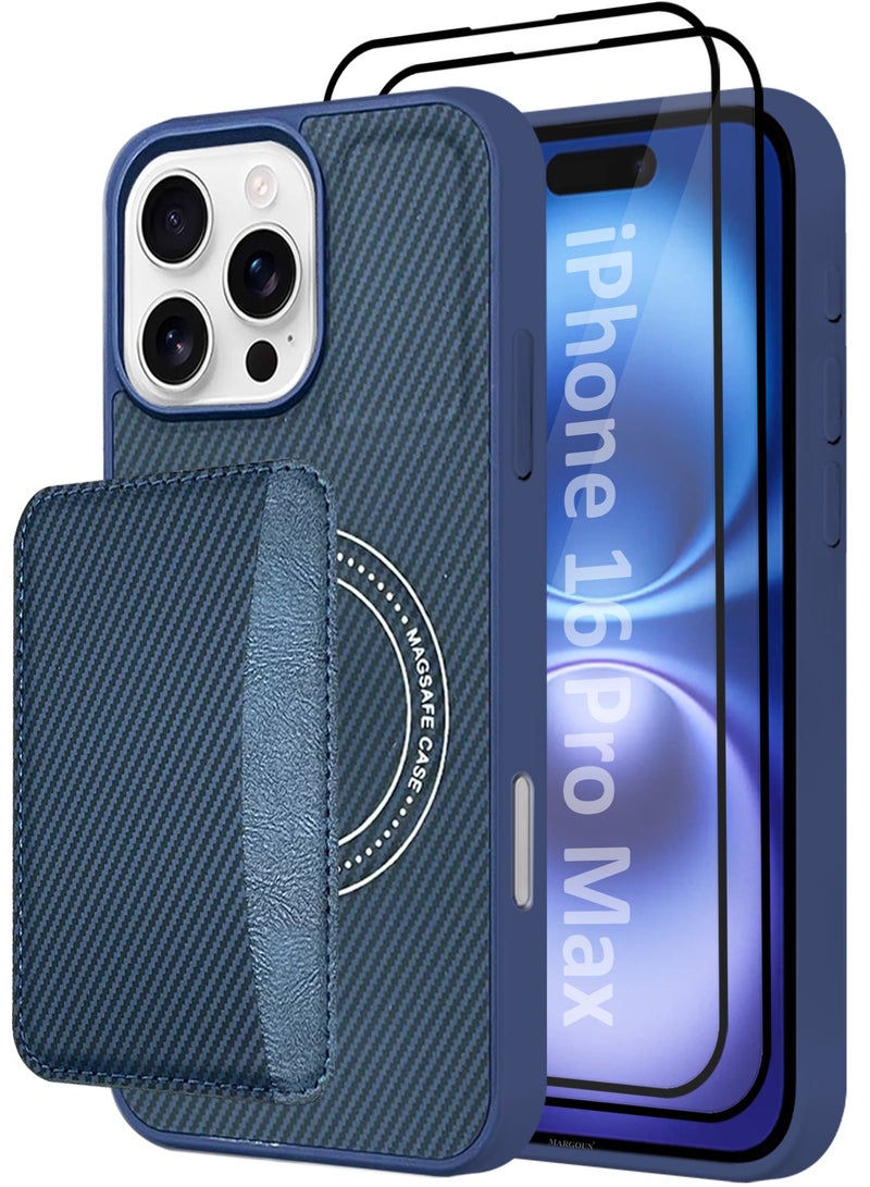 CATANES iPhone 16 Pro Max Case Leather 3Packs Antifingerprint Cover with Detachable Wallet Card Slot Shell Insert Card Holder Anti Fall Protection Carbon Fiber Design with 3D Screen Protector - Dark Blue  - Image 1
