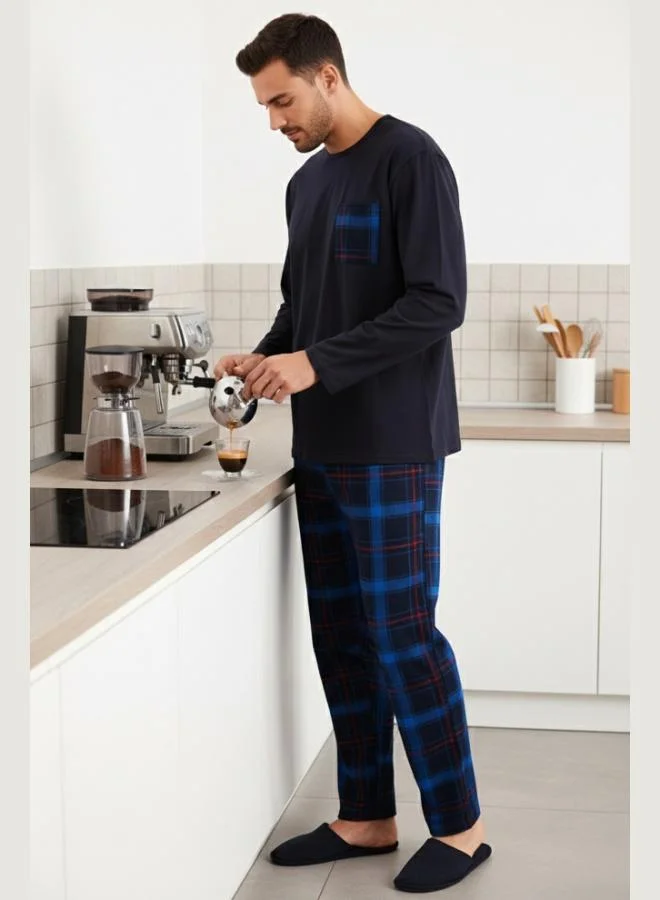 بوراتي طقم بيجامة رجالي قطن % بخصر مطاطي وجيوب بنقشة مربعات من بوراتي