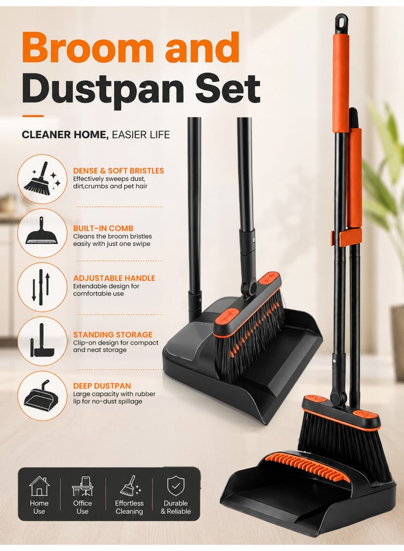 BOMIDI C7 2-in-1 Broom and Dustpan Set with 180° Rotating Head, 4-Layer Dense Soft Bristles, Built-In Dustpan & Hair Removal Comb, Upright Stand, Multicolour - Image 1