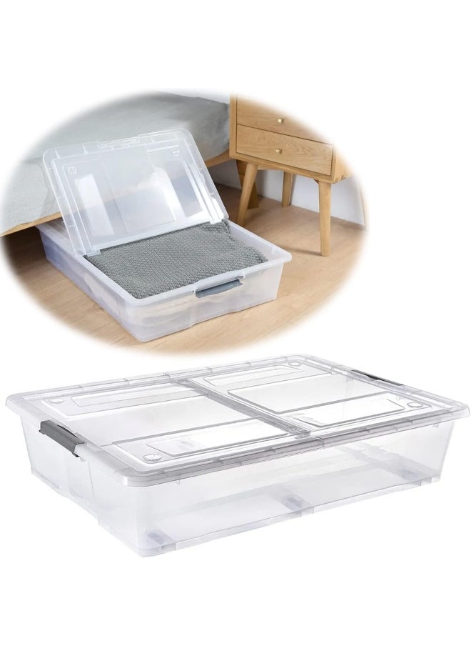 Premify - 55L Plastic Storage Box With Dual Lid & Wheels | Slim Under Bed Plastic Organizer – Stackable Transparent Box Storing Clothes, Toys, Shoes, Tools, Medicine, Office Supplies, Crafts, Kitchen - Image 1