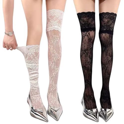 FFZDENA 2pairs Thigh High Socks, Funky Lace Patterned Tights Thigh Socks, Solid Color Thigh High Lace Stockings, Women Over The Knee Stockings, Girls Long Leg Boot Sock - Image 1