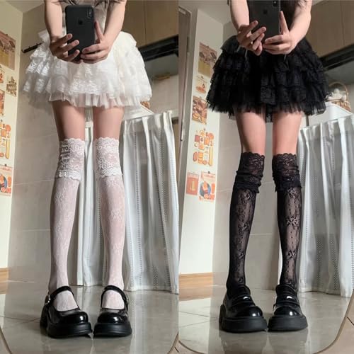 FFZDENA 2pairs Thigh High Socks, Funky Lace Patterned Tights Thigh Socks, Solid Color Thigh High Lace Stockings, Women Over The Knee Stockings, Girls Long Leg Boot Sock - Image 5