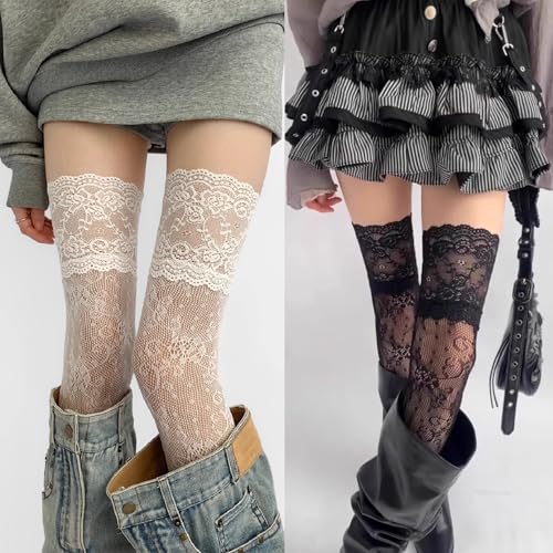 FFZDENA 2pairs Thigh High Socks, Funky Lace Patterned Tights Thigh Socks, Solid Color Thigh High Lace Stockings, Women Over The Knee Stockings, Girls Long Leg Boot Sock - Image 4