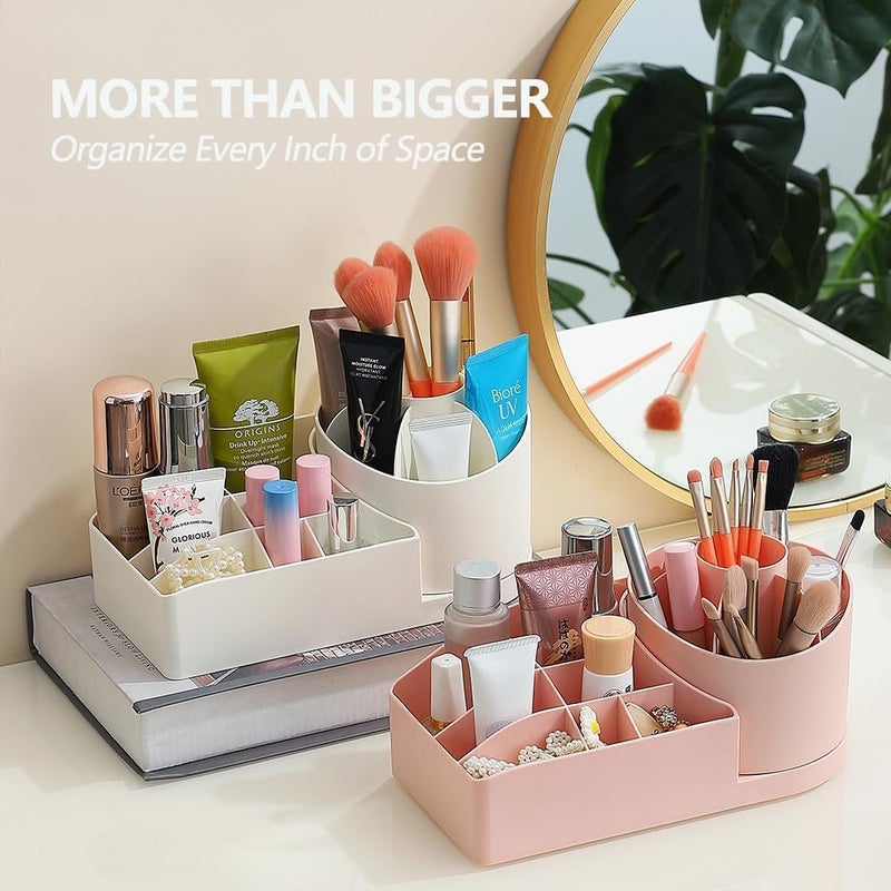 RECLUSE Makeup Organizer for Vanity with Makeup Brush Holder, 360° Rotating Desk Make up Organizers for Skin Care Products Organizer Case, Household Storage Organizer For Bedroom, Living Room (Pink) - Image 4