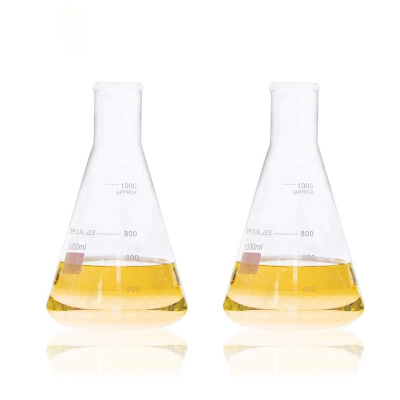 ULAB Scientific Narrow-Mouth Glass Erlenmeyer Flask Set, 34oz 1000ml, 3.3 Borosilicate with Printed Graduation, Pack of 2, UEF1027 - Image 1