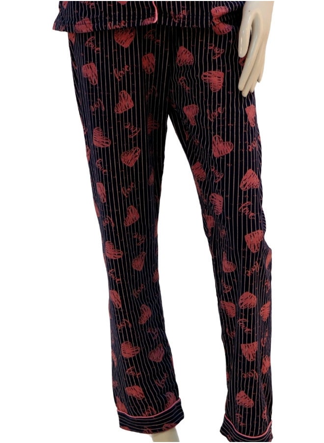 JOANNA - JOANNA Women's Hearts Design Button Down Short Sleeve Shirt & Long Pants Pajama Set, Black/Pink - Image 1
